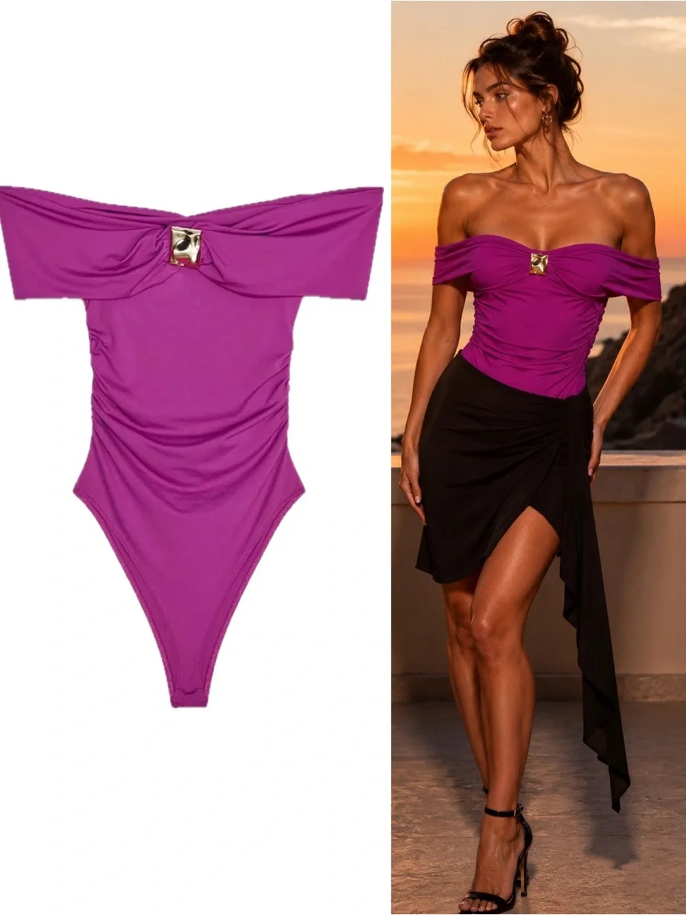ZARA Magenta Off-the-Shoulder Ruched Bodysuit Gold Hardware Stretch Top Sz M
